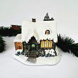 Lot #39 Vintage Thomas Kinkade "Village Christmas Florist" - Hawthorne Village Resin House with Single Light Bulb 