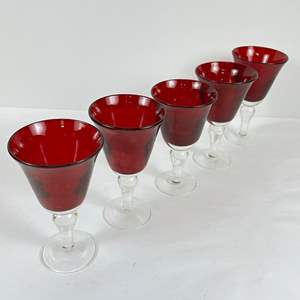 Lot #41 Large Ruby Red Goblet with Clear Lower Bowl, and Clear Bubble Stem - Set of 5