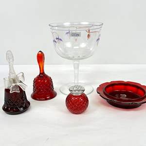 Lot #44 Toscana Crystal Goblet Compote, Avon Red Glassware and Crystalsong Cologne