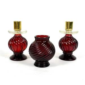 Lot #52 Vintage Ruby Red Avon Assortment - 2 "Elusive" Cologne Candle Holders each with 4oz of Cologne, and 1 Red Vase