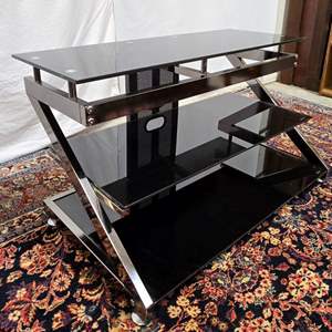 Lot #56 Vintage Black Glass & Chrome Entertainment Stand - TV, Game Console, Stereo Stand