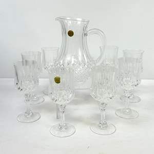 Lot #59 Vintage Cristal D'Arques Longchamp Clear Diamond Cut Crystal 40oz Pitcher & 8 Wine Glasses 