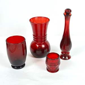 Lot #62 Ruby Red Glassware - 2 Vases, 1 Tumbler, 1 Cordial/Shot Glasss