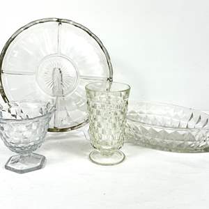 Lot #63 Vintage Glassware 4 pieces - Round Appetizer, Console Bowl, Vase, and Compote