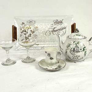 Lot #65 Vintage 25th Anniversary Assortment - Glass  Tray, Teapot Music Box "We've only just begun", 2 Glasses & Tea Cup