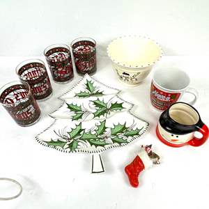 Lot #67 Low Ball Glasses, Ceramic Tree, Snowman Planter, Xmas Mug, Snowman Mug