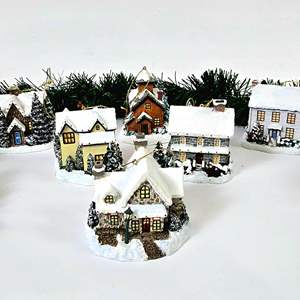 Lot #68 Vintage Thomad Kinkade's Winter Memories Christmas Tree Ornament Assortment - Set of 6 Mini Resin Houses