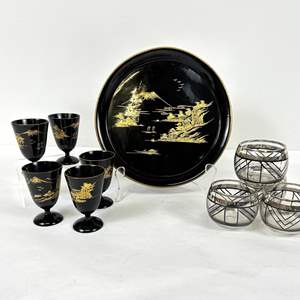 Lot #72 black lacquer sake Set & Art Deco Rolly Polly Glasses