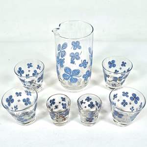 Lot #78 Vintage Federal Glass Blue Clover Cocktail Pitcher, 4 Cocktail Glasses, and 2 Shot Glasses - Gold Accents