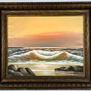 Lot #81 Mid Century Ocean Sunset Painting with Wood Frame - Signed by Artist