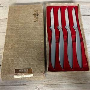 Lot #57 Gerber Knives Vintage 4 Piece Steak Knife Set Brushed Stainless Steel USA Made