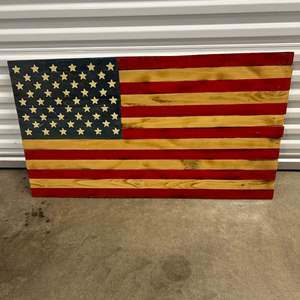 Lot #123 Custom Made Reclaimed Wood American Flag Hanging Wall Art 43”L x 24”H Handcrafted Wooden American Flag Wall Art.