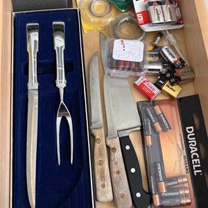 Lot # 34 -  Kitchen  Knives, Cutlery, Batteries, and Disposable Dinnerware