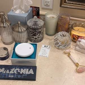 Lot # 67 -  Home Decor and Skincare Lot - Dodow Sleep Aid, Amazonia Brand Items, Candles, More