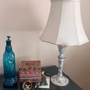 Lot # 73 - Porcelain Lamp, Blue Glass Figural Bottle, and Wind Chime 