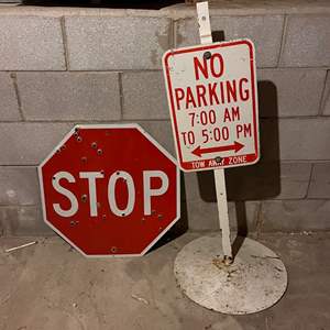 Lot # 81 -  Vintage Traffic Signs Including Stop Sign with Many Bullet Holes