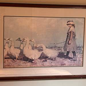 Lot # 90 -   Framed Art Print - Vintage Child Walking Ducks