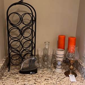 Lot # 122-  Barware, Candle Holders, Wicker Magazine Rack, More 