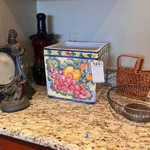 Lot # 123 - Decorative Planter, Vintage Mirror, and Woven Basket