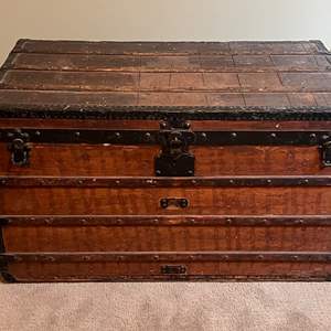 Lot # - 129  Antique Trunk - Wooden Chest with Metal Accents