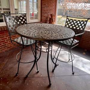 Lot # 132-  Wrought Iron Patio Table and Bar Height Chairs Set