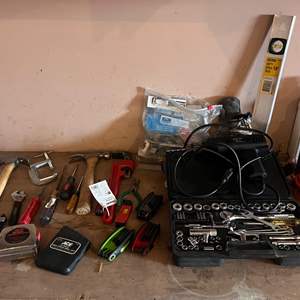 Lot # 137  Tool Lot - Varied Hand Tools, Socket Set, and Accessories.