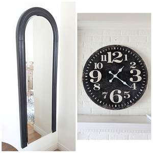 Lot #7 -  Arch Mirror and Vintage Wall Clock Set