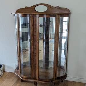 Lot #9 -  Vintage Oak Curio Cabinet with Mirror and Glass Shelves.