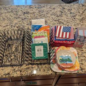 Lot #19 -  Decorative Serving Lot - Wire Baskets, Party Napkins, and Disposable Plates.