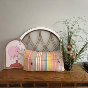 Lot #31 -  Home Decor Lot - Kirkland's Arch Frame, Transpac Art, Colorful Striped Pillow & Faux Plant.