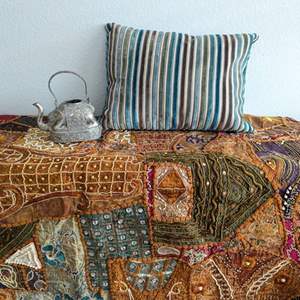 Lot #37 -  Decorative Pillow, Chinese Metal ElephantTeapot & Indian Beaded Tapestry