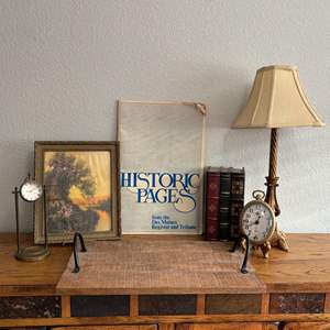 Lot #44 -  Vintage Style Decor, Landscape Painting, Clocks & Historic Newspaper Collection.