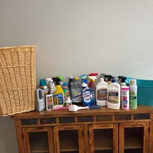 Lot #67 -  Home Cleaning Lot - Wicker Basket, Cleaning Supplies, Bona, CLR, and More.