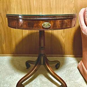 Lot #110 -   Vintage Leather Top Round Side Table with Glass Tabletop.