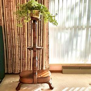 Lot #126 -   Vintage Mahogany Plant Stand with Solid Brass Pot - Measures 35" Tall x 16" Wide x 11" Deep.