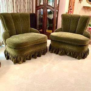 Lot #129 Vintage Green Velvet Chairs - 