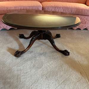 Lot #140 -  Leather Top Coffee Table with Custom Glass Cover