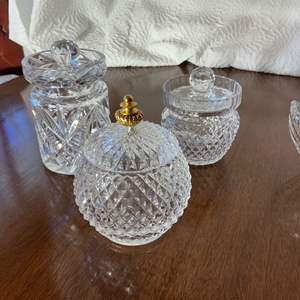 Lot #22 -   Large Lot of Crystal/Glass - 3 Sugar Bowls, 2 Vinegar Servers, 1 Basket.