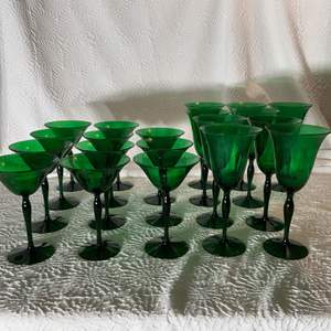 Lot #47 -   Vintage Green Glass Stemware Lot - Wine & Champagne Glasses.