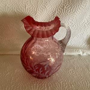 Lot #52 -   Blown Glass Floral Pitcher - 10" Tall x 8" Wide, Beautiful Condition.