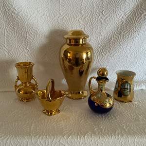 Lot #53 -   Gold Decorative Selection - Hand Painted Vases and Decanters.