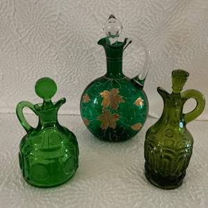 Lot #57- Collection of Green Decanters - Vintage Glassware Lot.