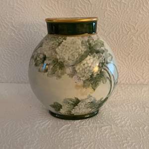 Lot #82 -   Limoges Handpainted Vase - France, 9" Tall, Green Rim with Gold Edge.