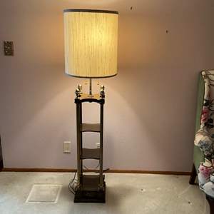 Lot #113 -   Vintage Floor Lamp with Brass Finish and Wood Veneer Shelves