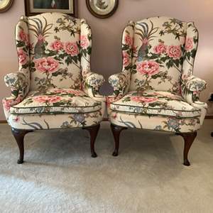 Lot #118 -   Henredon Floral Wing Back Chairs, Set of 2.