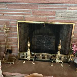 Lot #121 -   Vintage Brass Fireplace Ensemble - Fire Screen, Tool Set, and Andirons.