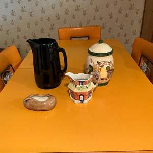 Lot #191 -   Vintage Ceramic Kitchen Decor Lot - Frankoma Pitcher, Biscotti Jar, Italian House Pitcher, & Potato Condiment Server.