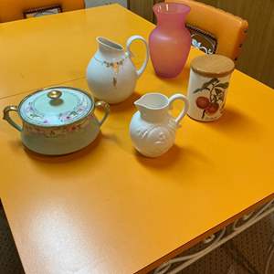 Lot #205 -   Ceramic & Porcelain Kitchenware Lot - Vintage Jugs, Canister, and Covered Dish.