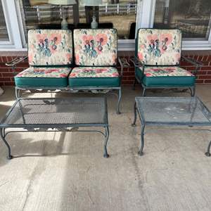 P- Lot #163 - Vintage Outdoor Loveseat and Chair - Floral Cushions & Metal Frames