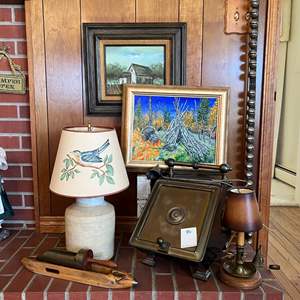 F- Lot #36 -  Vintage Home Decor Lot - Brass Coal Scuttle, Decorative Lamp, Paintings